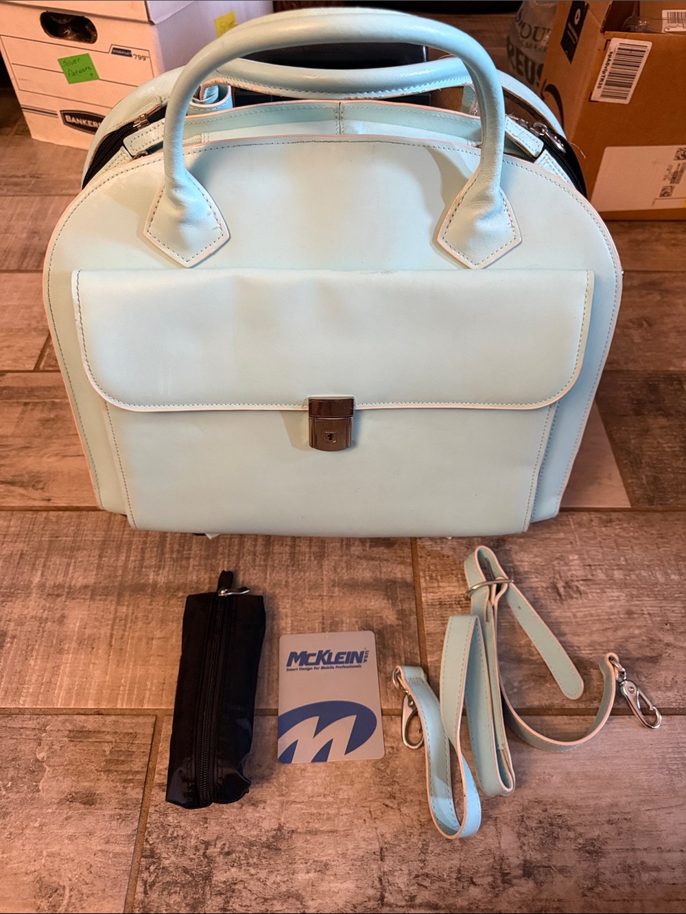McKlein Sky Blue Rolling Leather Computer Bag Top-Handle & Shoulder Strap
